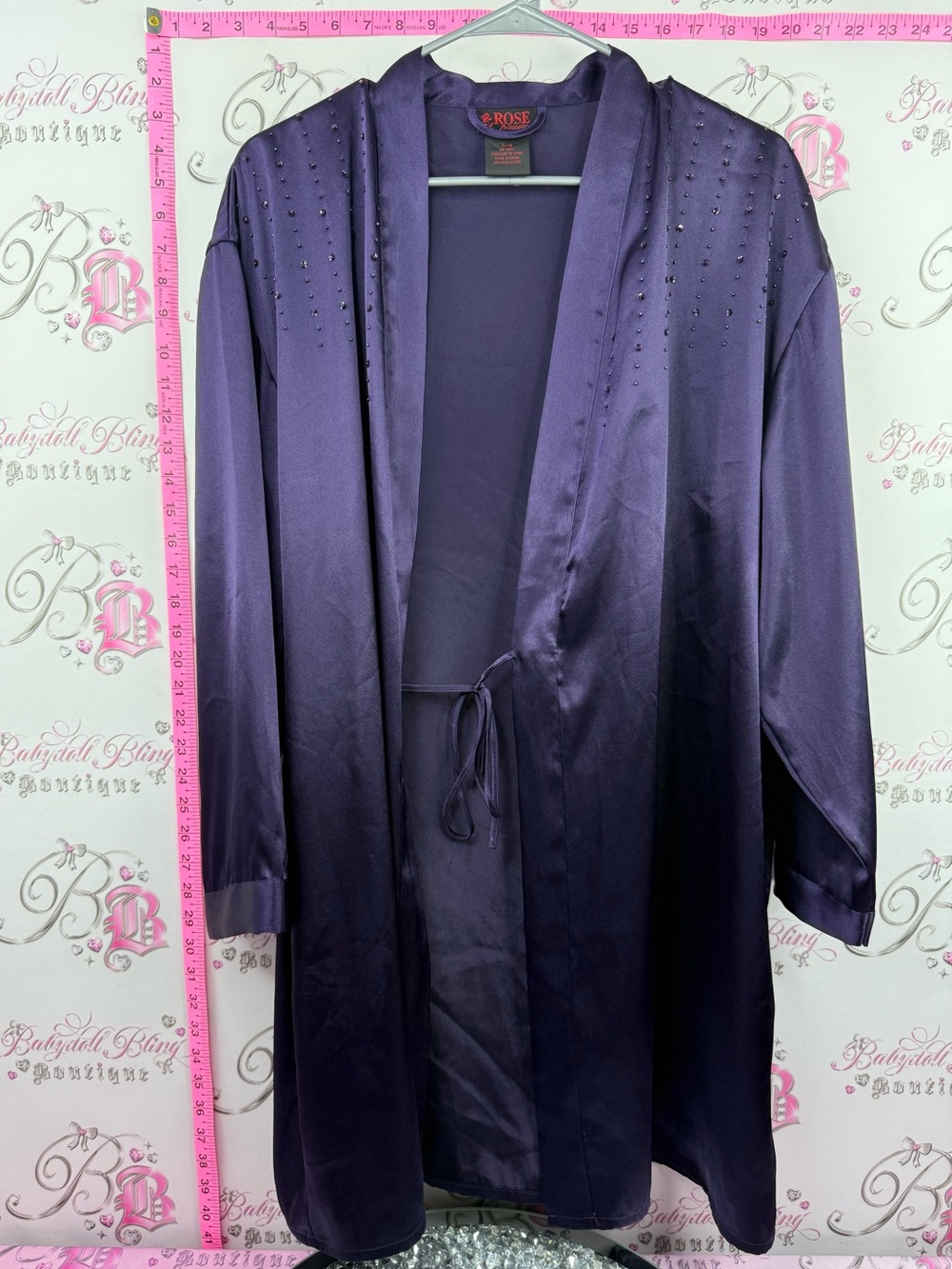 ROSE FASHIONS robe beaded Satin Purple Tie-Front Duster Trench Coat